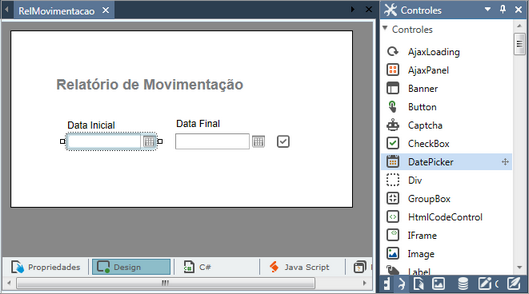 Controles DatePicker utilizados na página RelMovimentação, no exemplo Controle de Estoque