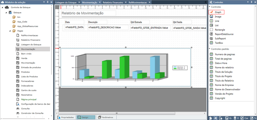 Controle Graph no módulo do relatório de Movimentação, no exemplo Controle de estoque