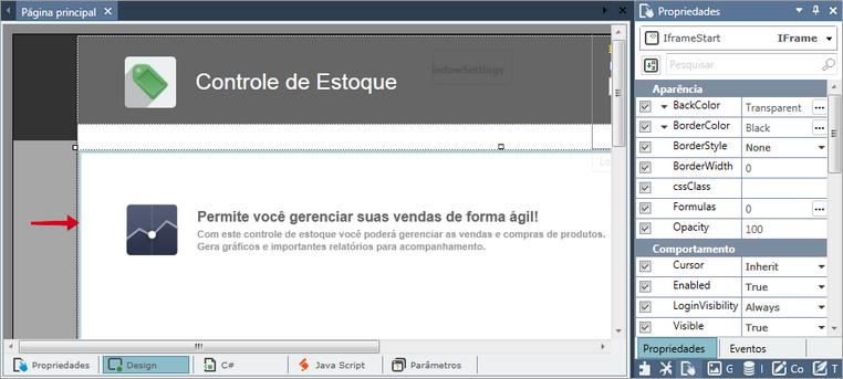 Controle IFrame utilizado na página Principal do exemplo Controle de estoque