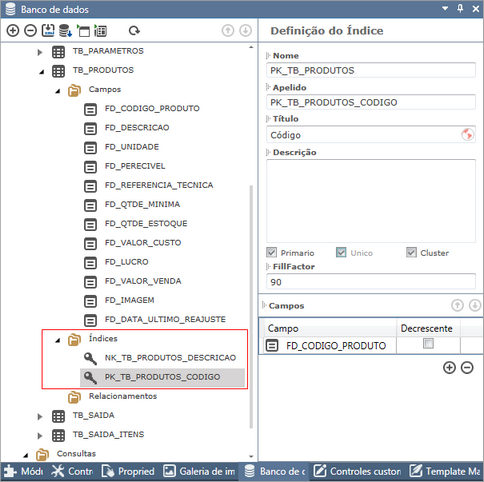 Índices da tabela TB_PRODUTOS do exemplo Controle de Estoque.  Um índice sem chave (NK=Non-key) e um chave-primária = (PK=Primary Key).