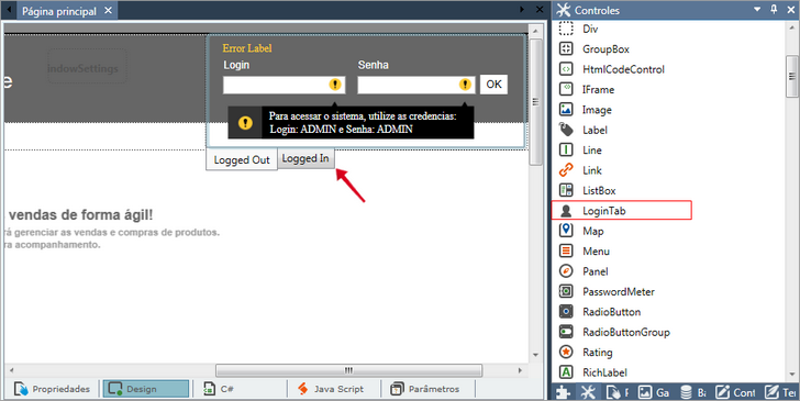 Controle LoginTab usado na página principal do exemplo Controle de estoque