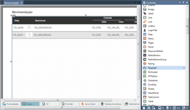 Controle Repeater utilizado na página Movimentação do exemplo Controle de estoque