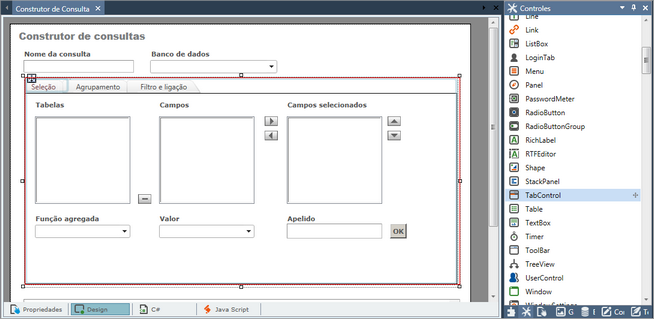 Controle TabControl utilizado na página Construtor de consultas, no exemplo Controle de Estoque